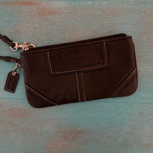 Coach Black Leather Wristlet Purse With Zipper Closure & Keychain Tag